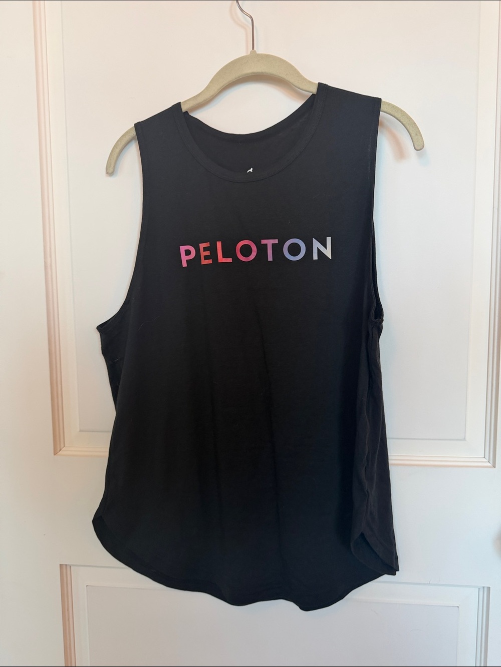 Peloton Black Muscle Tank with Pink-to-Purple Gradient Logo